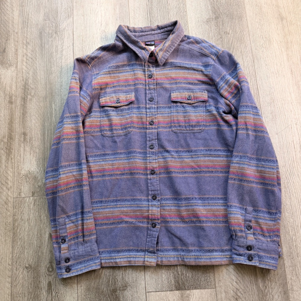 Patagonia Womens 14 Organic Cotton Flannel Shirt Purple Stripe Button Up Jacket